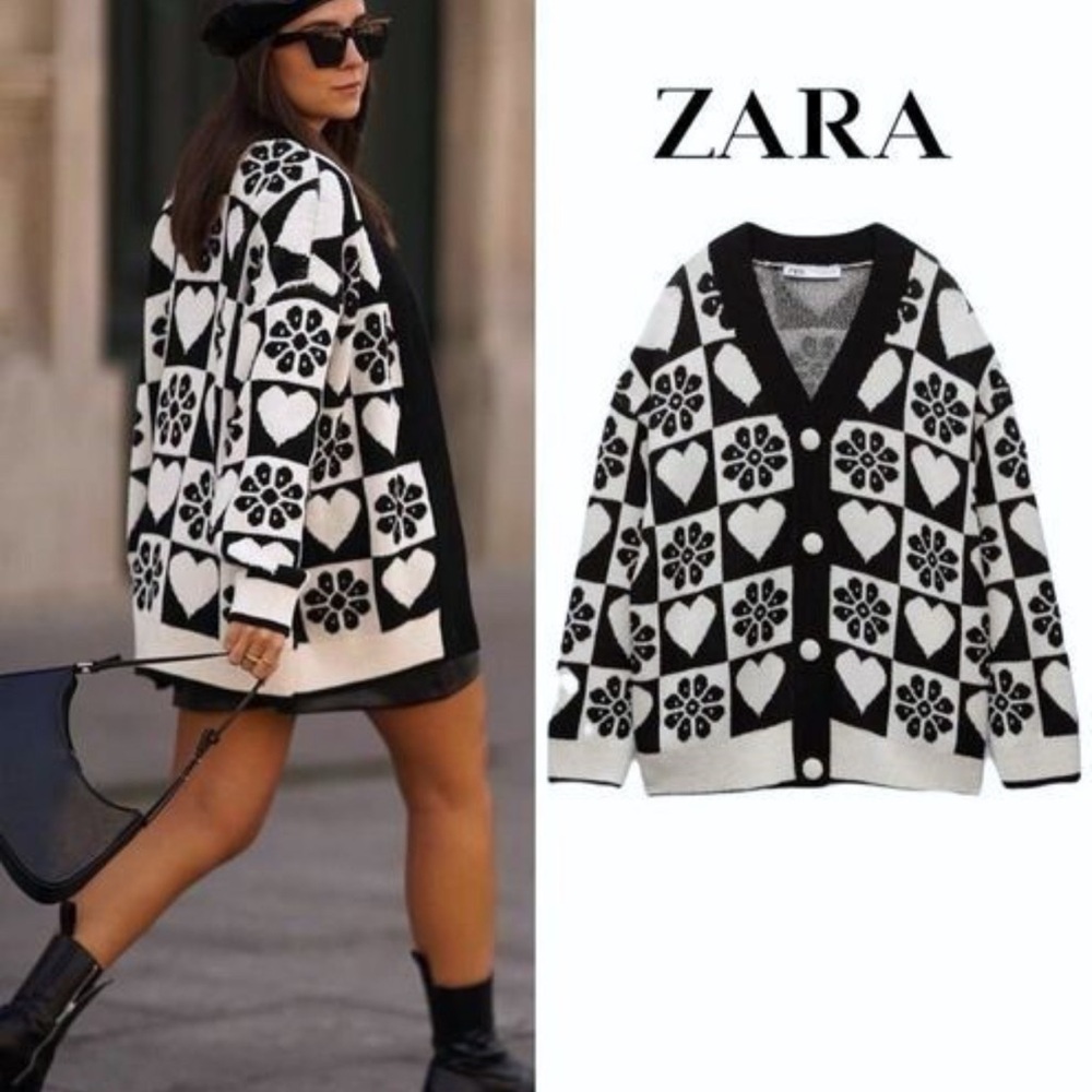 ZARA Black White Knit Jacquard Cardigan Sweater Heart Flower Checkered SMALL